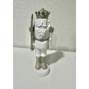 Unbranded Ceramic Nutcracker White And Gold Glitter Sparkly 10.5in Tall Light